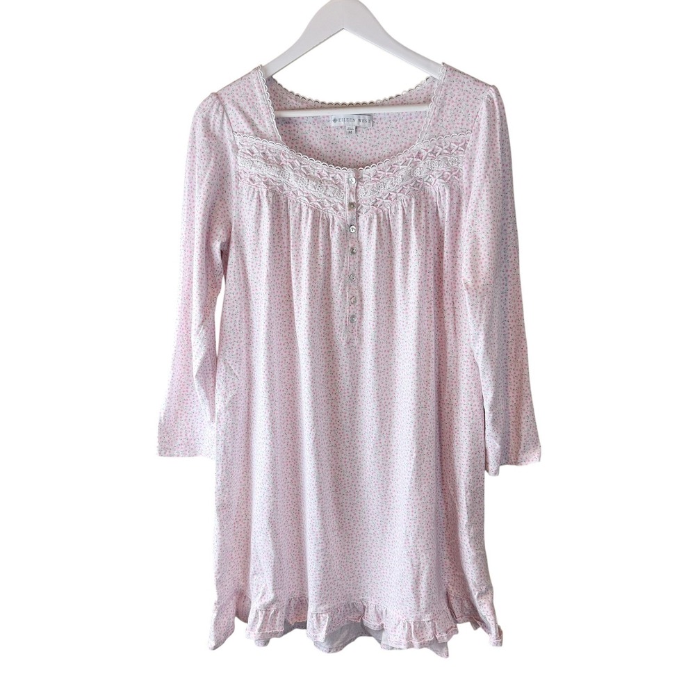 Eileen West Womens Pink Floral Lace Trim Long Sleeve Nightgown Size M White